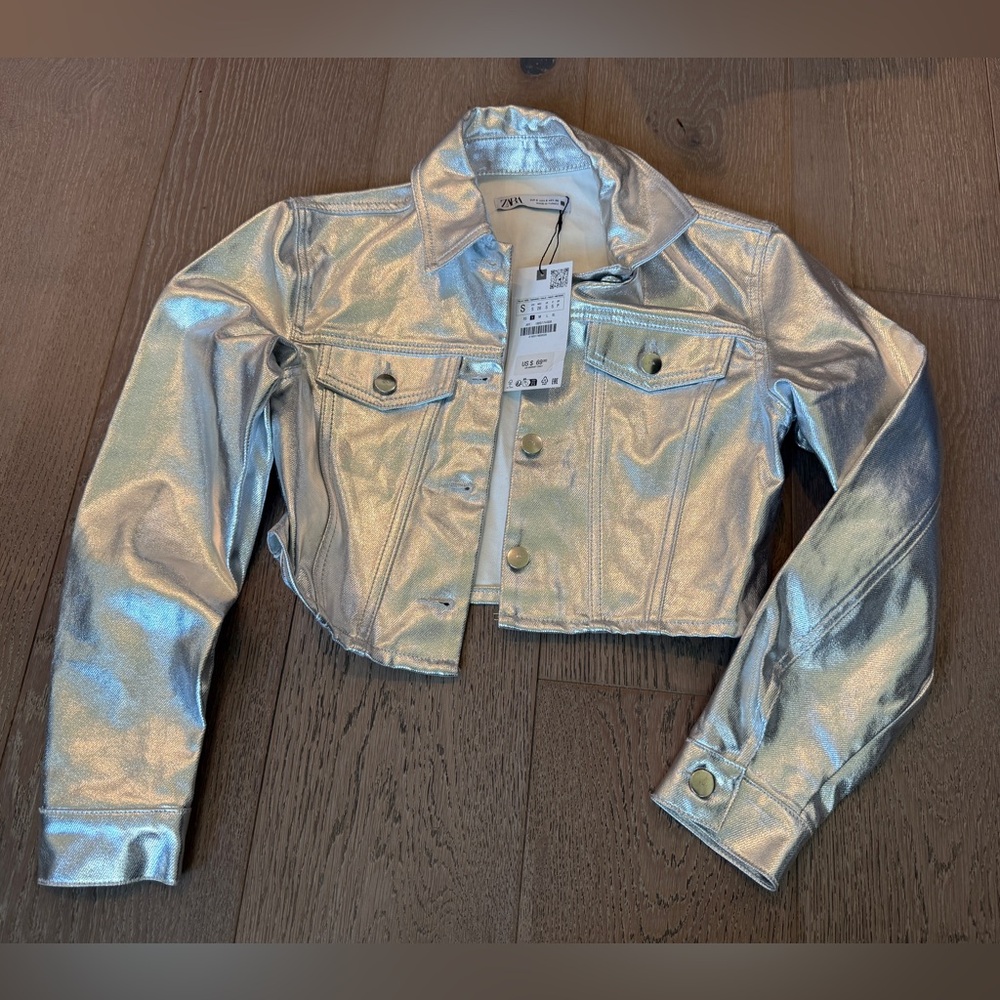 ZARA NWT WOMAN SILVER METALLIC CROP JACKET SIZE S REF. 1889/174 - Picture 2 of 4